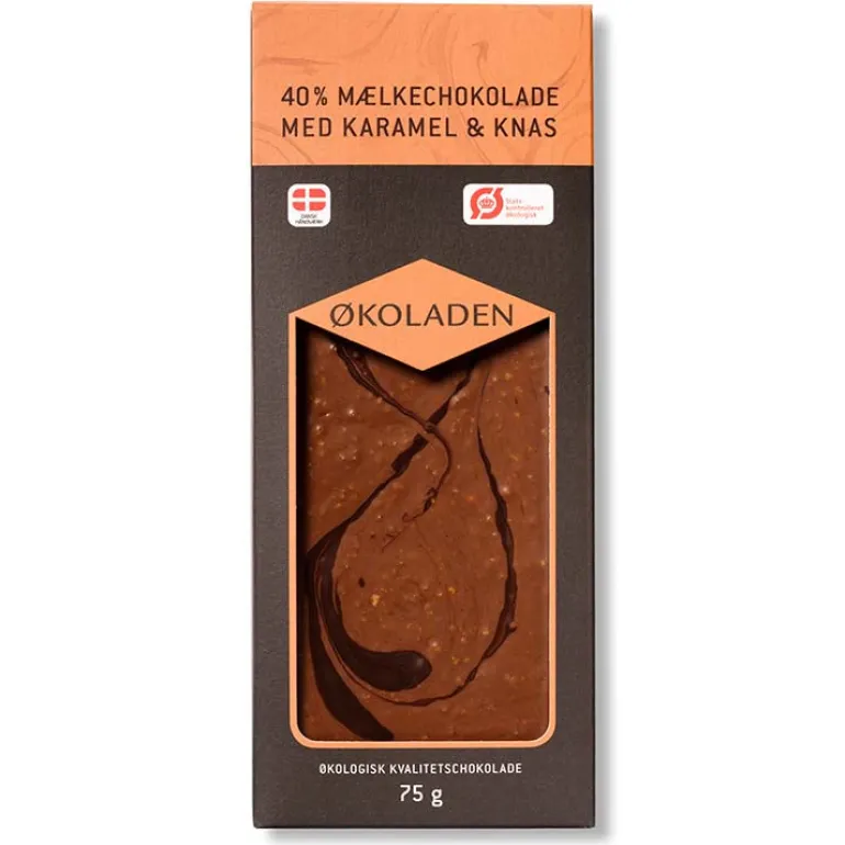 Chokoladeplade, 40 % mælkechokolade med karamel og knas - Økoladen