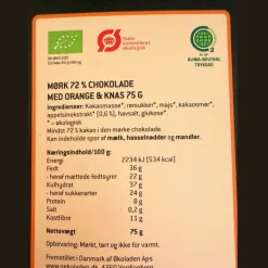 Chokoladeplade, 72 % mørkchokolade med orange og knas