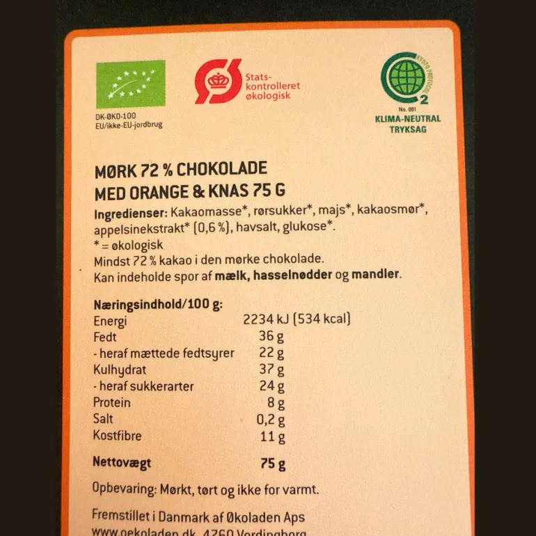Chokoladeplade, 72 % mørkchokolade med orange og knas