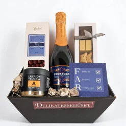 Fars dag gave med Prosecco-bobler, chokolade og lakrids