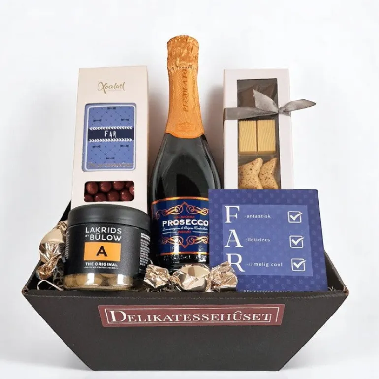 Fars dag gave med Prosecco-bobler, chokolade og lakrids
