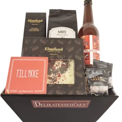 Gavekurv - økologisk 'tillykke' gave med kaffe, øl og chokolade