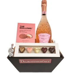 Gavekurv - med rosé bobler og fyldte chokolader