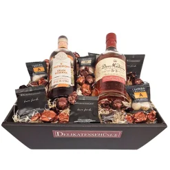 Gavekurv - med to flasker fyldig mørk spirit drinks, lakrids og chokolade