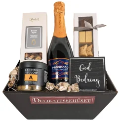 Gavekurv - ønsk 'God bedring' med Prosecco-bobler, chokolade og lakrids