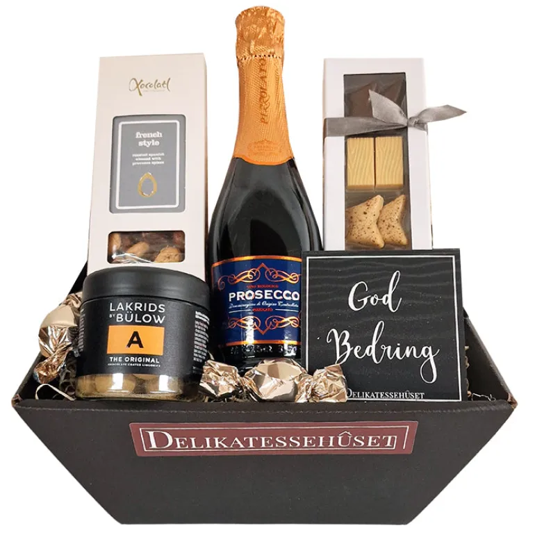 Gavekurv - ønsk 'God bedring' med Prosecco-bobler, chokolade og lakrids