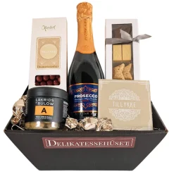Gavekurv - ønsk Tillykke med Prosecco-bobler, chokolade og lakrids