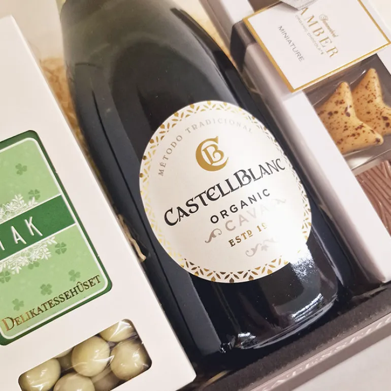 Gavekurv - 'TAK' gave med mousserende vin & chokolade