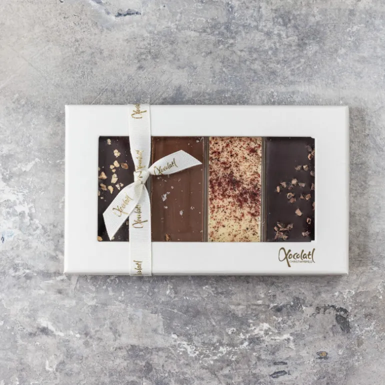 Gaveæske med fire chokoladebarer fra Xocolatl