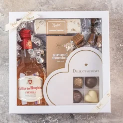 Gaveæske - send en sød tanke med Rosévin, chokolade og karameller