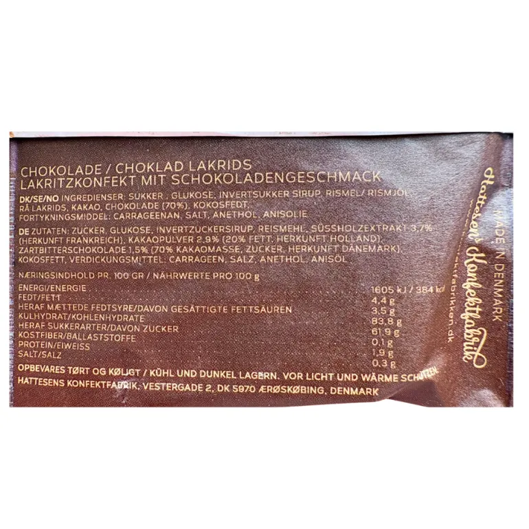 Lille pose med chokolade lakridskonfekt fra Hattesen's Konfektfabrik