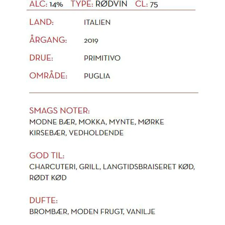 Rødvin, Tenuta Notturnia - Primitivo (Italien)