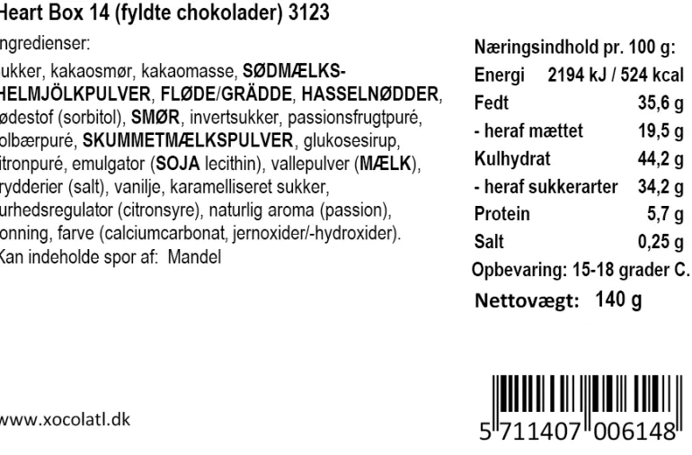 Smuk gaveæske med 14 fyldte chokoladehjerter fra Xocolatl