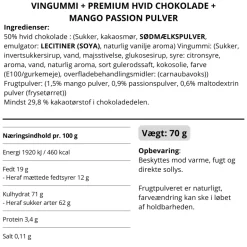 Vingummi med hvid chokolade, passionsfrugt og mango. Snack pack - Box the original