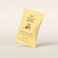Vingummi med hvid chokolade, passionsfrugt og mango. Snack pack - Box the original