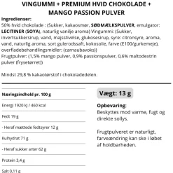 Vingummi med hvid chokolade, passionsfrugt og mango. Flowpack - Box the original