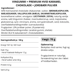 Vingummi med karamel chokolade og jordbær. Snack pack - Box the original